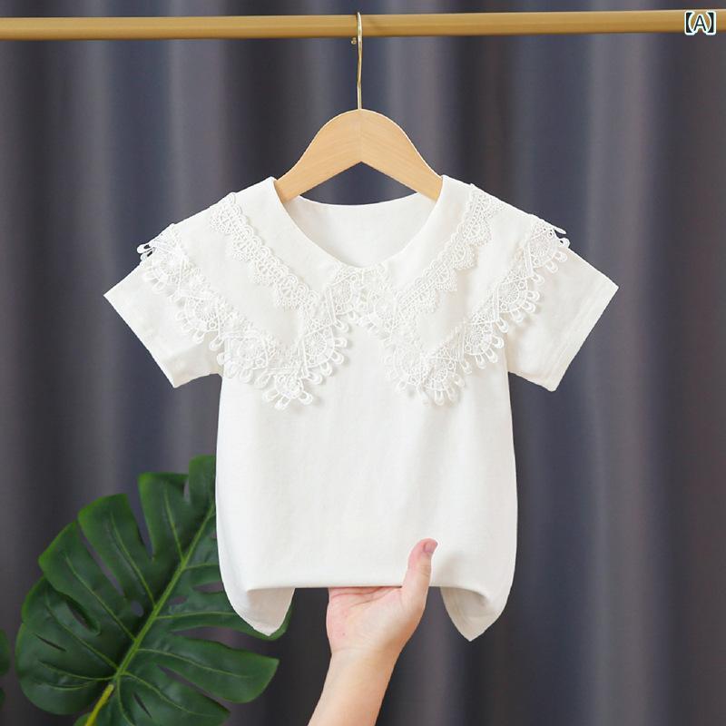 女児 Tシャツ 女の子用 トップス 夏用 短袖 綿素材 柔らかい 吸湿速乾 ラウンドネック フリルレース 花辺リボン プリンセス かわいい 純色 白 ピンク 紫 110cm 120cm 130cm 140cm 150cm 160cm 中大童 女児 子供服