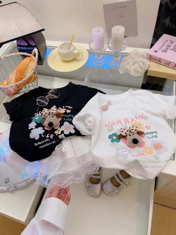 ・カテゴリ: 女児Tシャツ・スタイル: カジュアル・主な素材: 綿100%・袖丈: 短袖・ネックライン: クルーネック・柄: 卡通、花朵・カラー展開: 白、黒・サイズ展開: 80、90、100、110、120、130、140、150、160