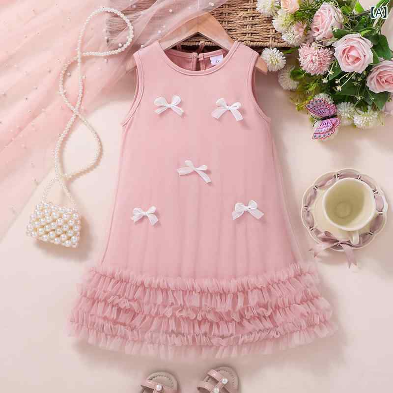 Jumpers - 女の子 ワンピース 無袖 Aライン 立体蝶結 チュール スカート かわいい プリンセス スタイル 夏用 ピンク ポリエステル 柔らかい 生地 女の子用 3〜8歳 純色 接触冷感 軽量 伸縮性 通気性 普段使い かわいい トップス 連衣裙 女童 甘い デザ