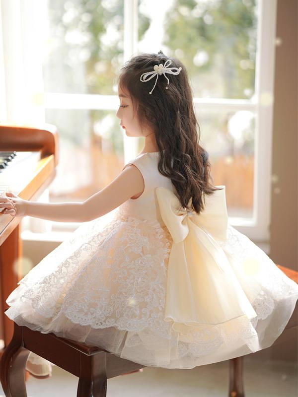 斗篷 - 女児 ドレス 女の子用 夏用 プリンセススカート 子供 連衣裙 花嫁 子供 礼服 吊り帯 キャミソール 無袖 綿 ポリエステル 柔らかい 加工 純色 花柄 蝶結び 香槟色 アイボリー系 蓬蓬スカート チュール 軽量 通気性 かわいい ビッグシルエット 春