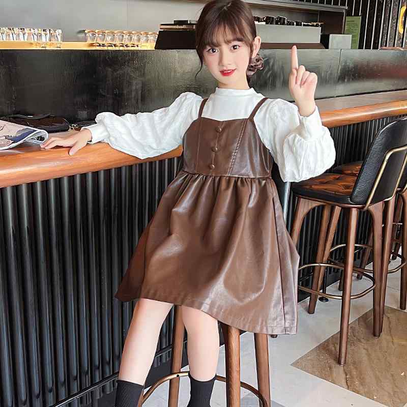 Jumpers - 女児 ワンピース セット 秋冬 レディースキッズ 長袖 シャツ スカート 2点セット コットン混 ポリエステル 柔軟素材 シンプル デザイン Aライン スカート 無地 ブラウン ブラック 中小童 3-8歳 100-140cm 春秋冬 通学 普段使い 軽量