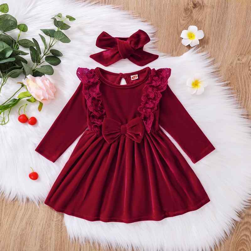 Jumpers - 女児 ワンピース キッズ ベビー 女の子用 長袖 レース 付き フリースライナー Aライン プリンセススカート 花柄 純色 酒赤 柔らかい ポリエステル 綿混 暖か かわいい 秋冬 春秋 1-3歳 80-100cm 通年 普段使い 室内着 伸縮性 軽量