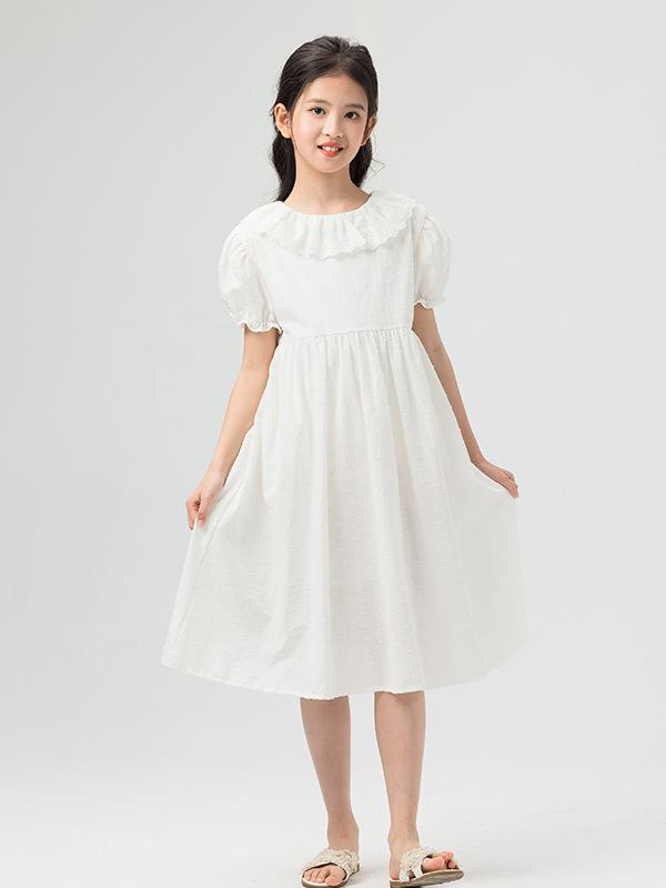 女の子 ワンピース 夏用 中学生 子供服 綿100% 短袖 Aライン 花弁領 花辺 透気 吸汗 白 森ガール 柔軟 かわいい 日常使い 120cm 130cm 140cm 150cm 160cm 170cm