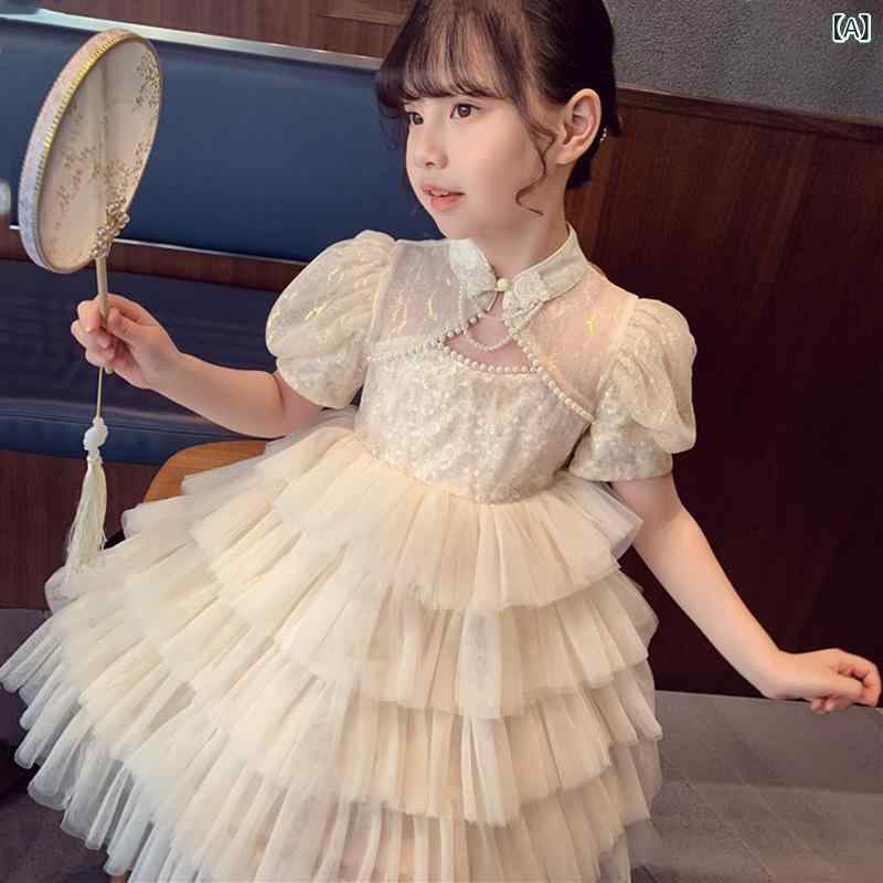 Jumpers - 女児 ワンピース チャイナドレス 女の子 夏服 かわいい 泡泡袖 網纱 プリンセスドレス 子供服 綿混 軽量 ミルクホワイト 100-160cm 春夏 通学用 普段使い 伸縮性 フレアスカート ビッグシルエット 100%合成繊維 吸湿速乾 涼しい素材 か