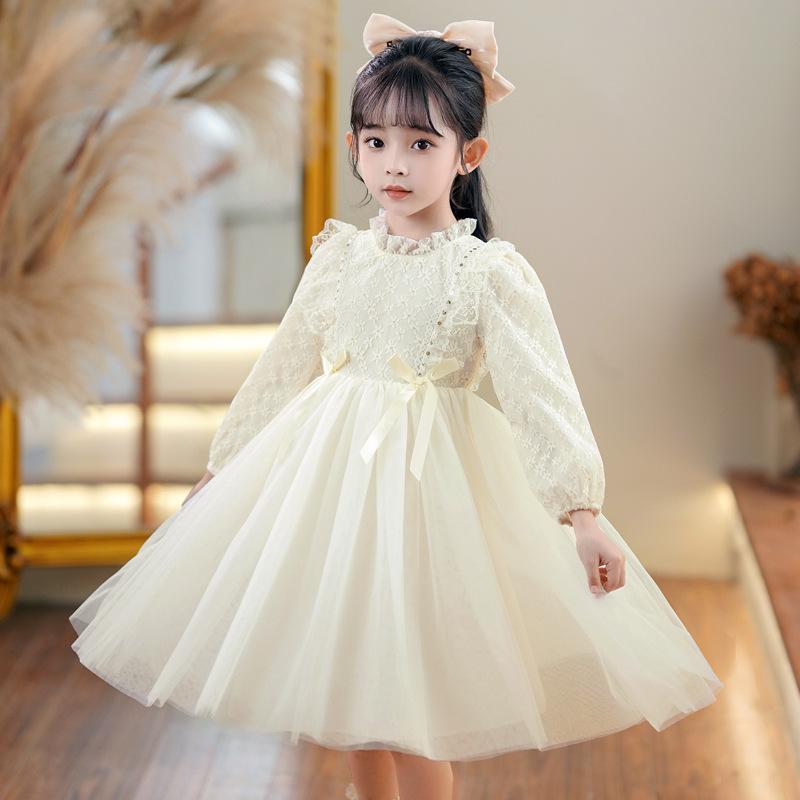子供 女の子 ワンピース 長袖 レース 花辺 プリンセススカート 春秋 柔軟 ポリエス...