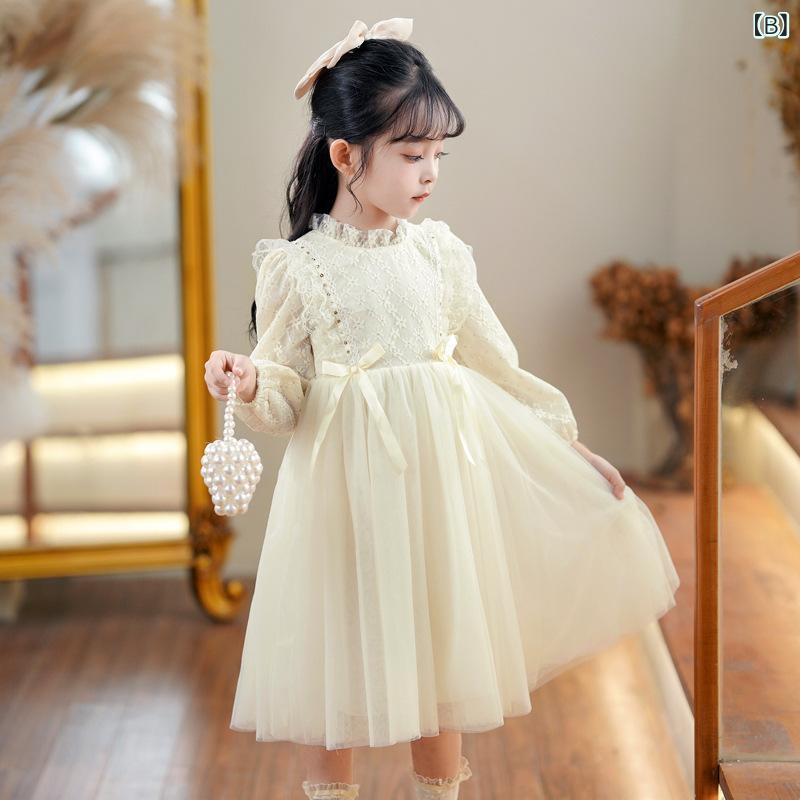 子供 女の子 ワンピース 長袖 レース 花辺 プリンセススカート 春秋 柔軟 ポリエス...