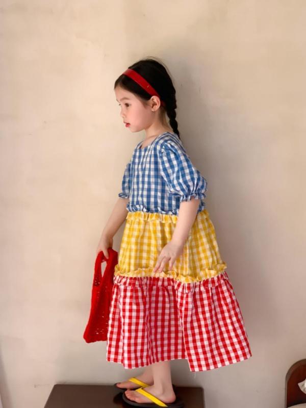 Jumpers - 女の子 ワンピース 夏 春夏 子供服 女児用 3〜8歳 100〜140cm 泡泡袖 短袖 格子柄 プリンセススカート ディズニー風 かわいい 綿素材 柔らかい 軽量 通気性 普段使い かわいい 洋気 トップス スカート 切り替え ピンク系 アイボリー プ
