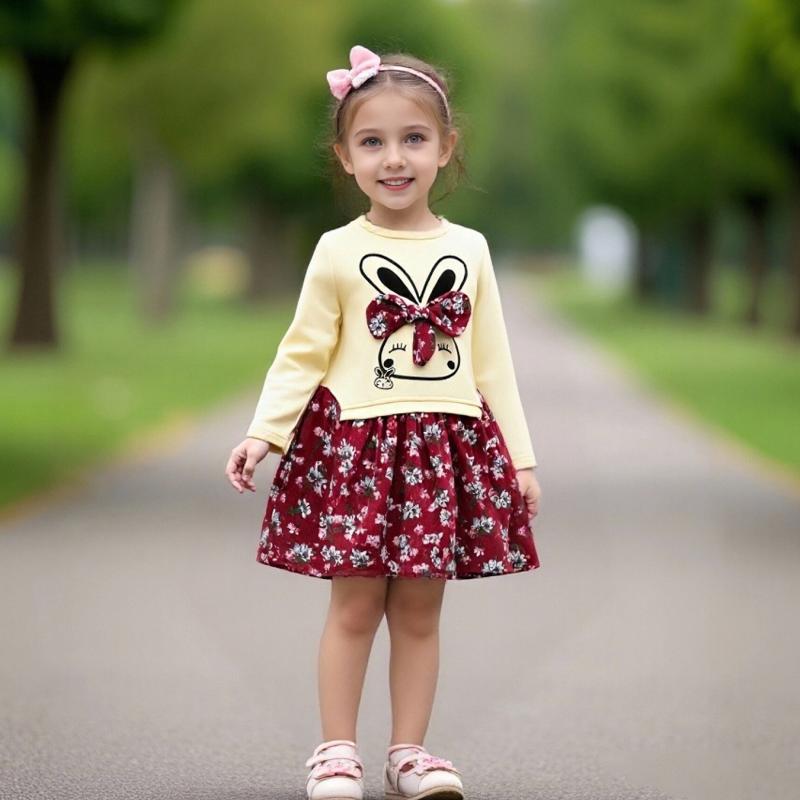 Jumpers - 女児 ワンピース 長袖 秋 かわいい コットン 切り替え プリーツスカート 深紅 紺 子供 服 柔らかい素材 花柄 抽象柄 トゥーン デザイン 中小童 3〜8歳 通学 日常 着用 伸縮性 肌触り良い 軽量 安全 B級
