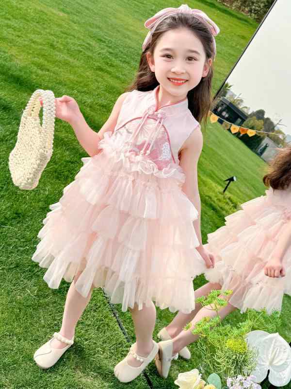 女児 ワンピース プリンセス 無袖 夏用 子供 女の子 ピンク 花柄 接触冷感 ポリエステル 綿裏地 柔軟素材 かわいい フリル スカート 3〜8歳 100〜140cm 軽量 通気性 吸湿速乾 普段使い 公園遊び 誕生日パーティー 春夏 シーズン