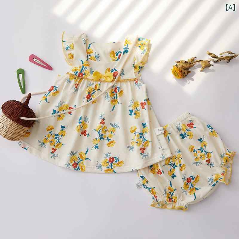 Jumpers - 女児 ワンピース 子供 女の子 夏服 プリンセスドレス ベビー スカート 無袖 Aライン 綿100% 接触冷感 かわいい 純色 花柄 ドット柄 緑 ベージュ 軽量 通気性 吸湿速乾 日常使い 遊び着
