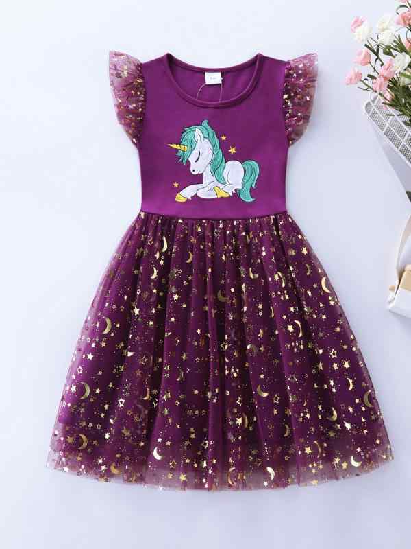 Jumpers - 子供服 女の子 中小童 無袖 ワンピース ドレス コットン 綿 100% ニット 生地 刺繍 ユニコーン 柄 切り替え チュール レース 甘め かわいい スタイル Aライン スカート 裾 夏 春夏 季節 ピンク 紫 赤 系 カラー 3-8歳 100-14