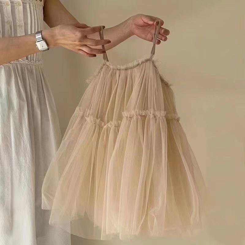 乐天商城 - 女児 ドレス 女の子 キッズ ワンピース ベビー 春夏 プリンセス 吊り帯 Aライン プリンセススカート 香槟色 杏色 純色 化繊混紡 ポリエステル 皺加工 軽量 通気性 かわいい 洋気 モダン デザイン ネットヤーン 女児用 夏用 春用 女ベビー ファ