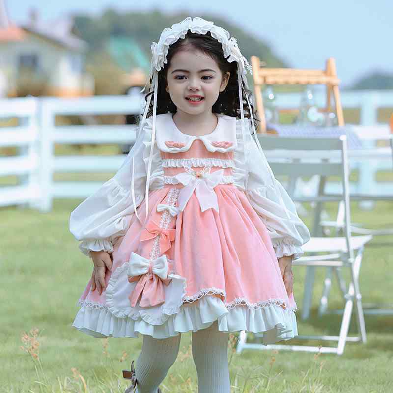 Jumpers - 女の子 ロリータドレス 子供服 冬用 秋冬 ピンク 長袖 Aライン ワンピース ドレス 洋服 かわいい プリンセススタイル 女児 女童 コットン風 ポリエステル 軽量 暖かみ 伸縮性 かわいい プリンセス ロリータ スカート トップス ボトムス キッズ