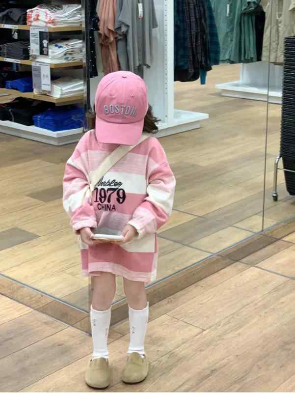 女児 ワンピース 女の子 子供服 韓風 甘め ストライプ柄 ロング丈 プリント コット...