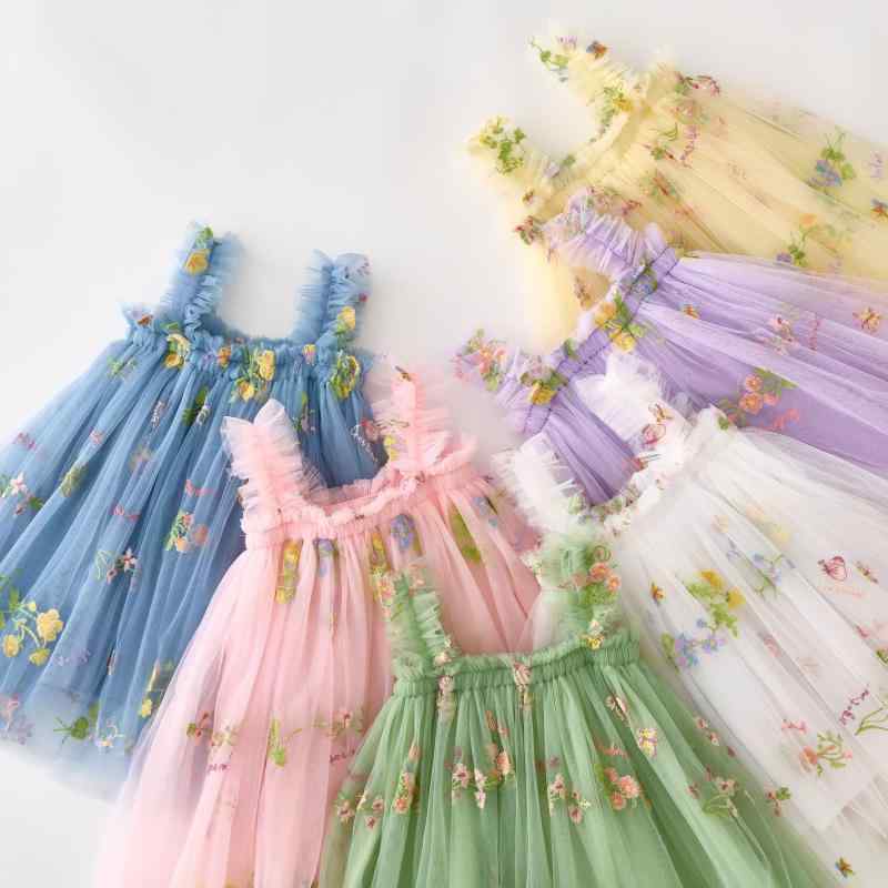 Jumpers - 女児 ワンピース 刺繍 吊帯 プリンセス スカート かわいい 綿 レース 花柄 ミルクイエロー ピンク ブルー パープル グリーン ホワイト 春秋夏 プリーツ 軽量 通気性 優しい肌触り 女の子 洋装 ガーリー 春夏秋冬