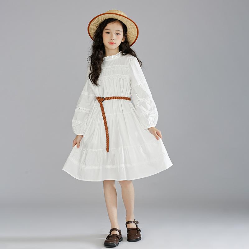 Jumpers - 女児 ワンピース 女の子 子供 ドレス 秋 秋季 コットン 綿 100% 切り替え レース 花辺 かわいい A字 ミディ丈 ロングスカート 米白 アイボリー プリンセス 洋気 ミッドチルド レディースキッズ ガールズ プリンセスドレス 秋冬 コットンドレ