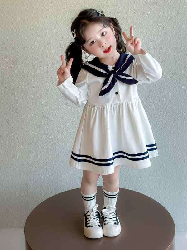 女児 ワンピース キッズ 女の子 春夏 秋冬 学院風 長袖 Aライン 綿混紡 柔らかい 純色 ホワイト かわいい プリンセススタイル 通学 普段使い 3-8歳 100-140cm