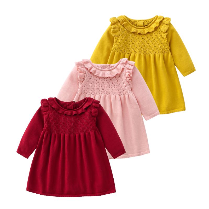 Jumpers - 女児用 ワンピース 秋冬 長袖 綿100% 接触冷感 ピンク 赤 黄色 かわいい Aライン プリンセススカート フリル ベビー 1-3歳 通年 普段使い 軽量 伸縮性 吸湿速乾 安全A級 純色 シンプル 女の子 幼児服 百日祝い 一周歳 誕生日 ギフト