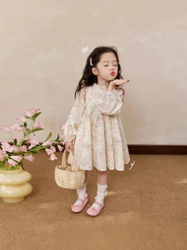 鬥篷 - 女児 春夏 プリントワンピース 女の子 コットン 甘め Aライン プリンセススカート かわいい 花柄 トップス コットン95% 3〜8歳 80〜130cm 実用 軽量 柔らかい フレアスカート ガーリー ベビー キッズ 女児服 日常使い 優しい色合い