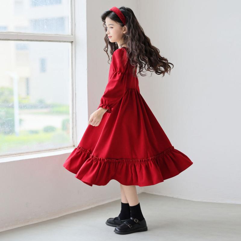 女児 ロリータ ワンピース 子供 プリンセスドレス 復古 ロングドレス 中大童 長袖 スカート 綿 素材 柔らかい 生地 純色 プリーツ スカート かわいい 秋冬 シーズン 赤 カラーバリエーション 女の子 向け プリンセス スタイル ロング 丈 コット