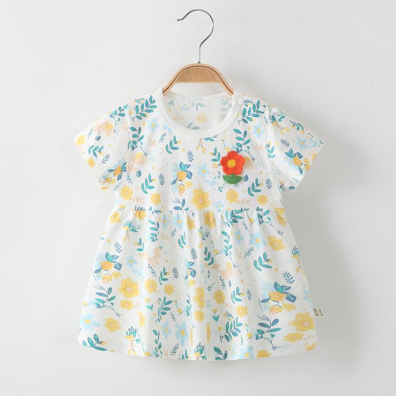 女児 ワンピース 夏用 子供服 純棉 花柄 かわいい プリンセススカート 短袖 軽量 通気性 吸湿速乾 イエロー ピンク グリーン 花海柄 女の子 ベビー 幼児 インファント プリント柄 フレアスカート 夏服 カジュアル 日常使い 女児服