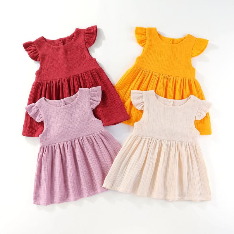 Jumpers - 女児 ワンピース プリンセス デザイン 綿麻 竹節 加工 透気 柔軟 接触冷感 Aライン 無袖 フレア 袖なし 春夏 秋 通年 かわいい 赤レンガ色 ピーチ色 イエロー ベージュ 1-3歳 80-110cm 軽量 吸湿速乾 日常着 女の子 ベビー インフ