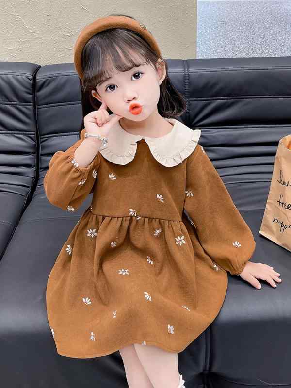 Jumpers - 女児 ワンピース 女の子用 長袖 レース リボン コットン プリント 柄 春秋 かわいい プリンセス スカート 綿素材 柔らかい 伸縮性 普段使い 通学 幼稚園 3〜8歳 90〜140cm ミ白 ブラウン ビッグシルエット 折り目加工 実物モデル 撮影