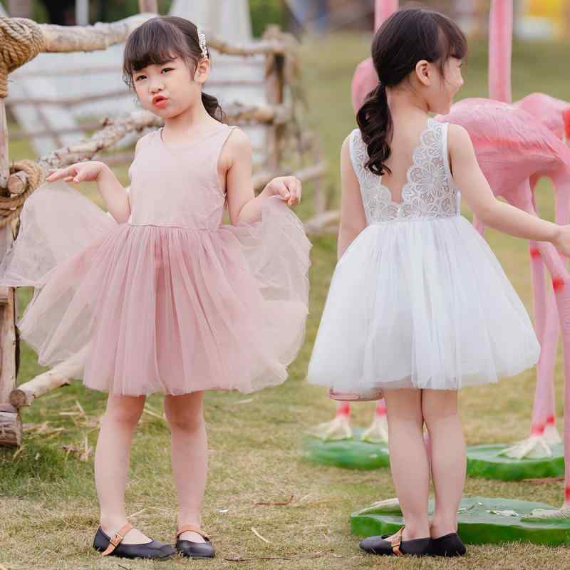 Jumpers - 女児 ワンピース 女の子 子供服 春夏 夏用 無袖 綿 90% 純色 甘め チュール レース 背中開き プリンセス スカート 蓬蓬 スカート かわいい 軽量 通気性 白色 ピンク 3〜8歳 100〜140cm
