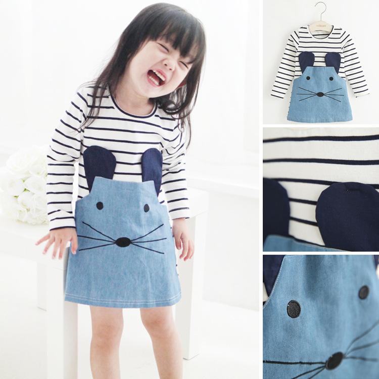 Jumpers - 女児 ワンピース 長袖 春秋 ストライプ デニム 切り替え 綿 素材 軽量 通気性 かわいい デザイン 淡いブルー トップス スカート キッズ ガールズ 子供服 3〜8歳 100〜140cm 田園 スタイル コットン70% コーティング加工 B級安全