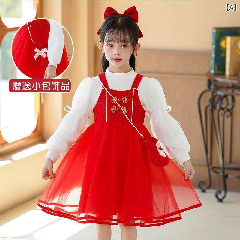 Jumpers - 女児 ワンピース 秋冬 長袖 綿 プリンセス スカート かわいい 赤 ピンク 3〜8歳 100〜150cm 甘め スタイル 通学 普段使い 柔らかい 肌触り 暖か 裏地付き 無地 プリーツ 裾 セット トップス スカート 組み合わせ 女の子 服 子供服