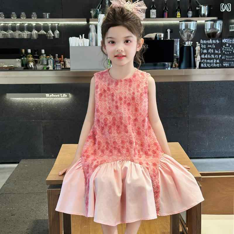 鬥篷 - 女児 ワンピース 子供 女の子 夏 春夏 無袖 ワンピース プリンセス ドレス かわいい 甘い ピンク ピンク系 綿布 ポリエステル 涤纶 薄手 軽量 切り替え スカート フレア スカート 夏服 通気性 吸湿速乾 女の子服 子供服 ガールズ ファッション