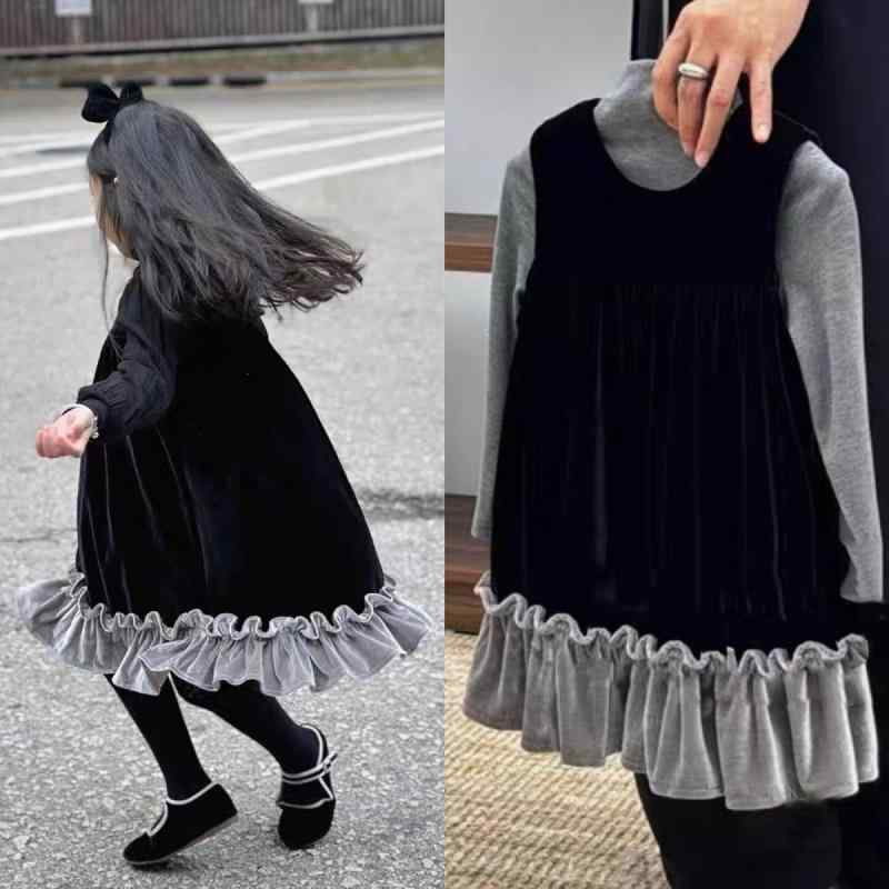 女の子 ワンピース ベビー 吊り下げ 背心 スカート シルク ベルベット 素材 ブラッ...
