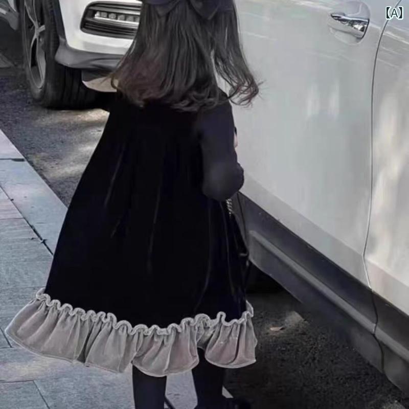 女の子 ワンピース ベビー 吊り下げ 背心 スカート シルク ベルベット 素材 ブラッ...