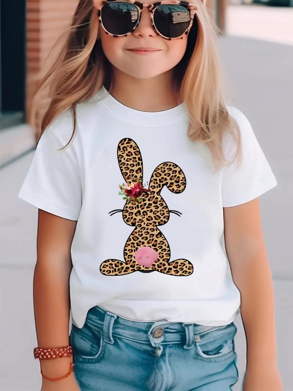 女児 Tシャツ 女の子 子供 夏 短袖 丸首 かわいい ヒョウ柄 ウサギ プリント 柄 カジュアル 普段使い 柔らかい 化繊混紡 ポリエステル 伸縮性 吸湿速乾 白色 1-8歳 対応 100-140cm サイズ