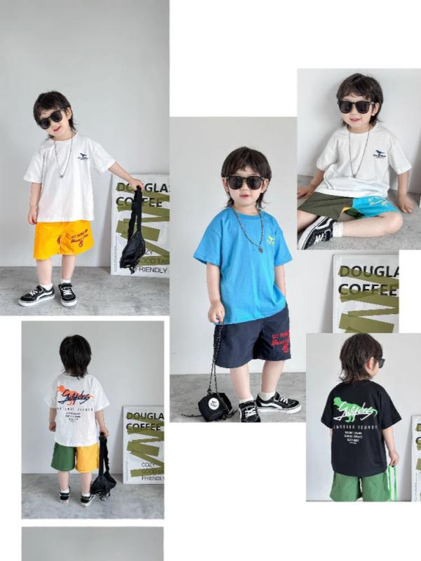 T-Shirts （Short Sleeve） - 男児 Tシャツ 子供用 綿素材 恐龍プリント 夏用 丸首 短袖 日式 柔らかい 抗菌 動物柄 カラフル カジュアル 日常使い 3-8歳 100-140cm ホワイト ブラック スカイブルー 伸縮性 吸湿速乾 軽量 ビッグシルエット 通園 通学 遊び着 ト