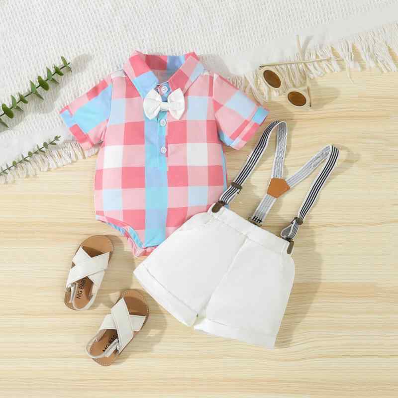 ベビー 男の子 礼服 セット 夏 英国風 紳士服 1歳 短袖 ハーフパンツ 連体服 2点組 ピンク 格子柄 綿混 柔軟素材 短パン シングルブレスト カジュアル 子供服 赤ちゃん 幼児用 軽量 通気性 吸湿速乾 ピンク系 春夏 ベビー服 男児 フォーマル