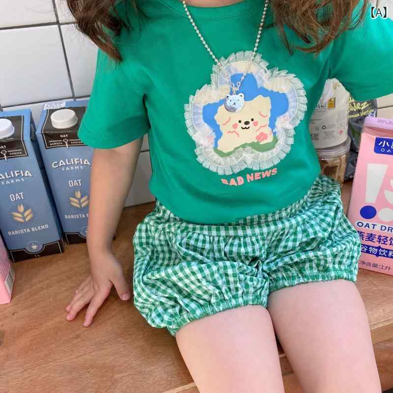 女の子 子供服 夏 短袖 Tシャツ 緑 チェック 灯籠パンツ 綿 100% 快適 かわいい 星柄 花辺 デザイン 3～8歳 100～140cm 実用 軽量 吸湿速乾 普段使い 韓風 スタイル
