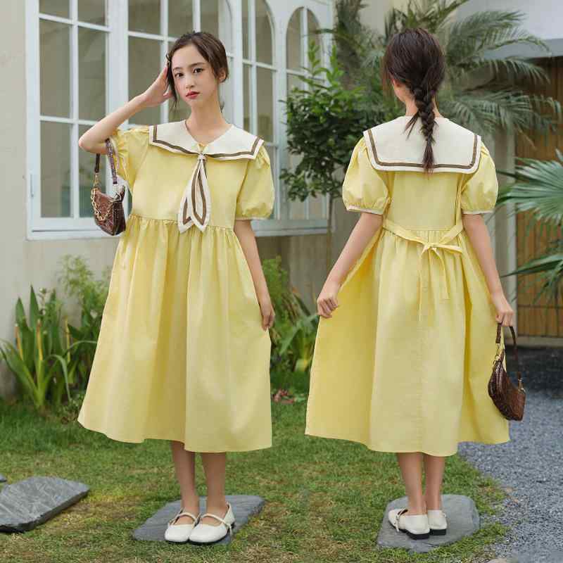 Jumpers - 女児 ワンピース 春夏 綿100% 軽量 接触冷感 淡黄色 Aライン 中長丈 ゆったりシルエット ネイビー風 ストライプ柄 普段使い 学校行事 旅行 休日 かわいい 伸縮性 吸湿速乾 通気性 ビッグサイズ 140cm 150cm 160cm 170cm