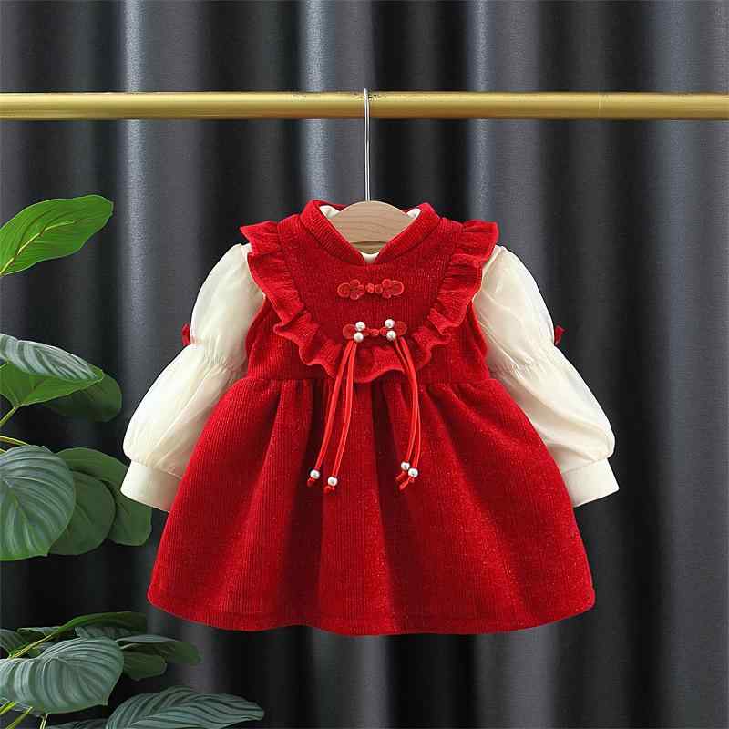 Jumpers - 女児 ワンピース 赤 冬 秋冬 長袖 Aライン かわいい プリンセス風 女の子用 子供服 赤ちゃん 1歳 ポリエステル 保温 暖かみ 通年 普段使い 赤系 ビビッドカラー シンプル 無地 柔らかい 着心地 伸縮性 安全 A級 インファント トドラ 女童