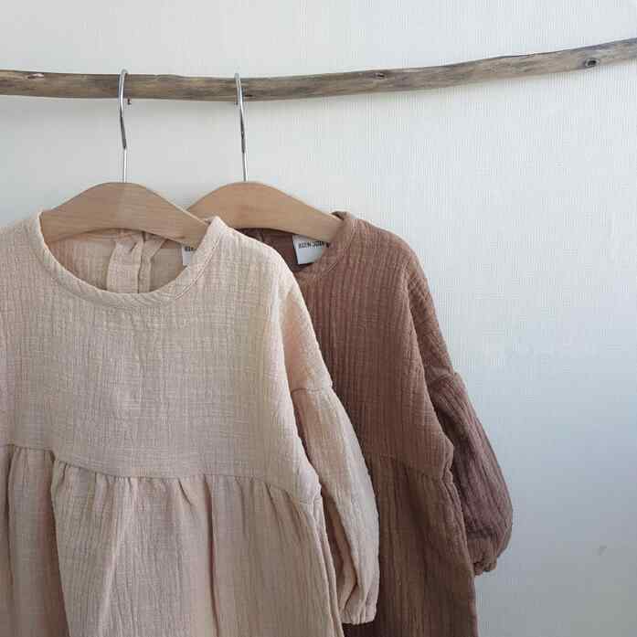 Jumpers - 女児 ワンピース キッズ 女の子 春夏 秋冬 通年 綿麻素材 長袖 灯籠袖 Aライン プリンセススカート かわいい ブラウン ベージュ 軽量 伸縮性 普段使い 遊び着 80cm 90cm 100cm 110cm 120cm 130cm
