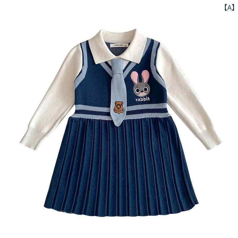 Jumpers - 女児 ワンピース 秋冬 プリンセス スタイル コットン 100% ニット スカート フリル カラー フラップ プリーツ スカート A ライン スカート かわいい 卡通 パターン 柔らかい 素材 女の子 服 子供服 中小童 サイズ 3 〜 8 歳 通学 普