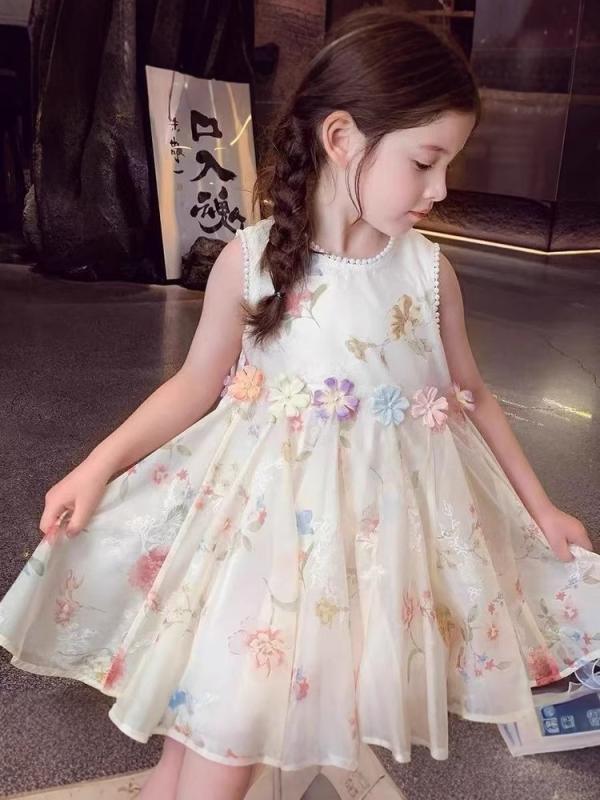 Jumpers - 女児 ワンピース 夏 無袖 プリンセス スカート 雪纺 ポリエステル コットン 裏地 プリント 花柄 カードゥ かわいい Aライン 軽量 通気性 吸湿速乾 杏色 女の子 子供服 8歳以上 140cm以上 夏服 プリンセス風 洋気 ファッション 背心スカー