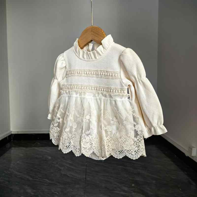 Jumpers - 女児 ワンピース キッズ ベビー 女の子 春秋 長袖 丸首 レース 刺繍 花柄 綿 柔軟 かわいい Aライン スカート 外出 普段使い 通学 百搭 米白色 接触冷感 軽量 伸縮性 ピンク系 アイボリー 花朵 純色