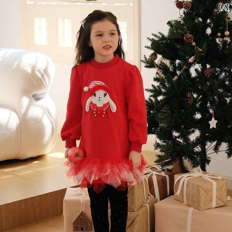 Jumpers - 女児 ワンピース 秋冬 長袖 Aライン 加绒 暖か コットン ポリエステル かわいい 刺繍 プリント 赤 黒 緑 グレー チェック プリント 女の子 3-8歳 100-140cm 通学 普段使い 室内 伸縮性 吸湿速乾 軽量 暖かみ 柔らか 肌触り 好感