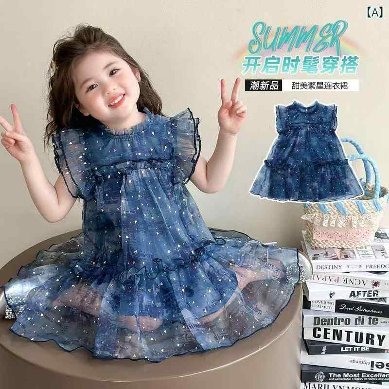 Jumpers - 女の子 ワンピース 夏用 プリンセス 無袖 チュール スカート かわいい 軽量 涼しい 接触冷感 綿 裏地 深ブルー 3〜8歳 女児 ドレス ガーリー 夏服 柔らかい 素材 ビッグ シルエット 日常使い