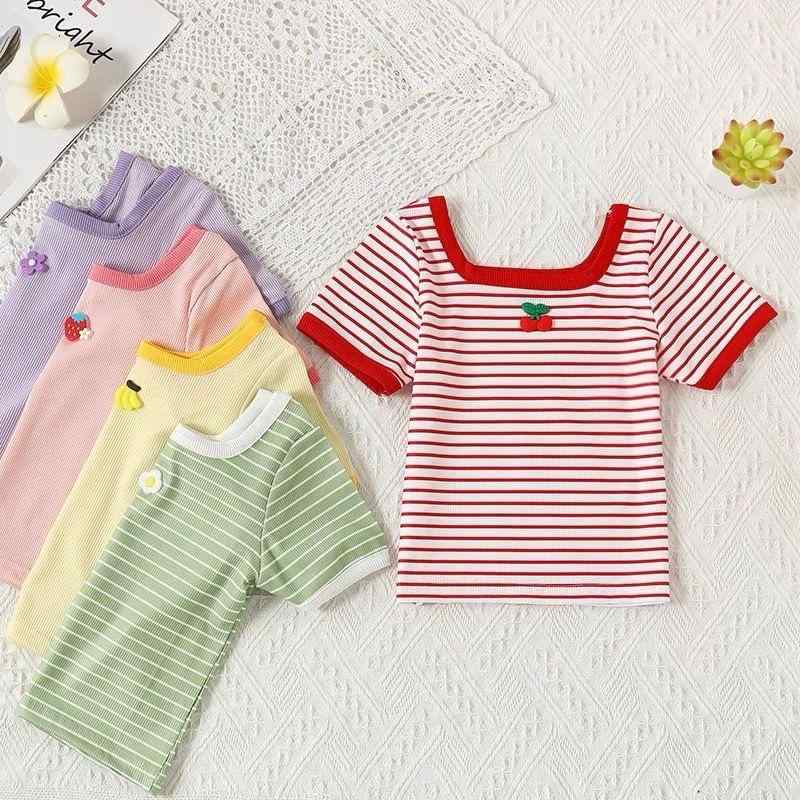 T-Shirts （Short Sleeve） - 女の子 トップス 短袖 シャツ キッズ 女児 3-8歳 夏用 接触冷感 吸湿速乾 柔らかい 綿 再生繊維 90% 方領 条紋 柄 かわいい カード プリント 糖果色 グリーン ピンク レッド イエロー パープル カジュアル 普段使い 伸縮性 軽量 通気性