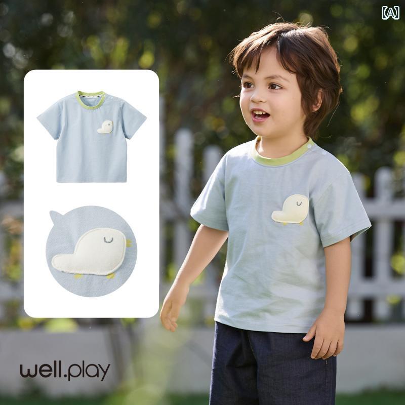 ・カテゴリ: 童Tシャツ・スタイル: 簡約・袖丈: 短袖・柄: 卡通・要素: 運動、卡通・ネックライン: 圓領・機能: 吸湿排汗・主な素材: 綿100%・カラー展開: 藍色-純色雲朵、黄緑-純色小樹、浅粉-純色蝴蝶、米白-純色蘋果、米白-純色熊猫、緑色-撞色恐龍、米白-純色小梨、緑色-国風暈染、米白-撞色蘋果、粉色-撞色小花・サイズ展開: 90、100、110、120、130、140