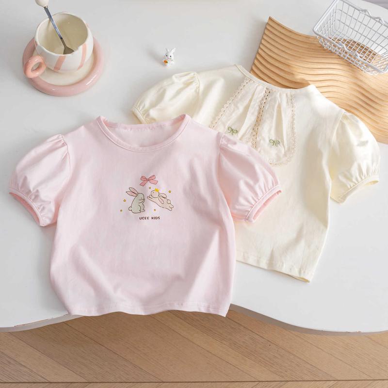 乐天商城 - 女児 トップス 女の子 半袖 Tシャツ 泡泡袖 かわいい 半袖シャツ 夏服 春夏 綿素材 柔らかい 吸湿速乾 丸首 プリント柄 カード柄 杏色 ピンク 90cm 100cm 110cm 120cm 130cm 赤ちゃん服 幼児服 1〜3歳 普段使い 軽量