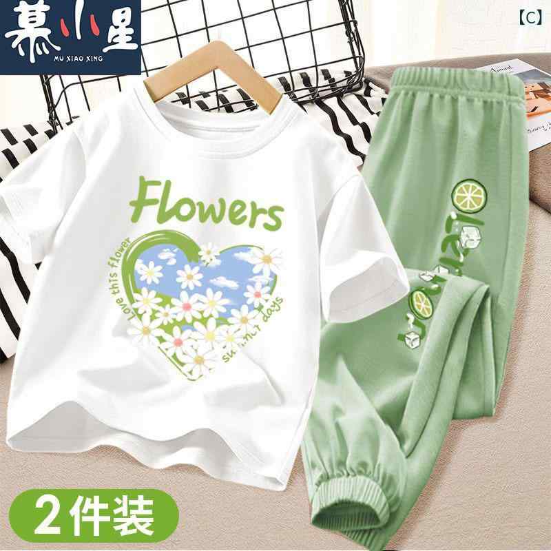 女児 夏服 2点セット 短袖 長ズボン 綿100% 薄手 軽量 伸縮性 吸湿速乾 接触冷感 ...