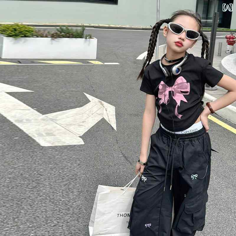 女児 トップス セット 夏服 綿 接触冷感 伸縮性 柔らかい 薄手 短袖 長ズボン 工装パンツ 蝶結び 刺繍 韓国風 ストリート ダンス 普段使い かわいい 黒 ピンク 120-170cm